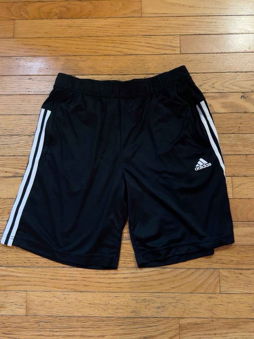 Adidas Mens M Black 3 Stripe Athletic Shorts White Logo Training Soccer Gym